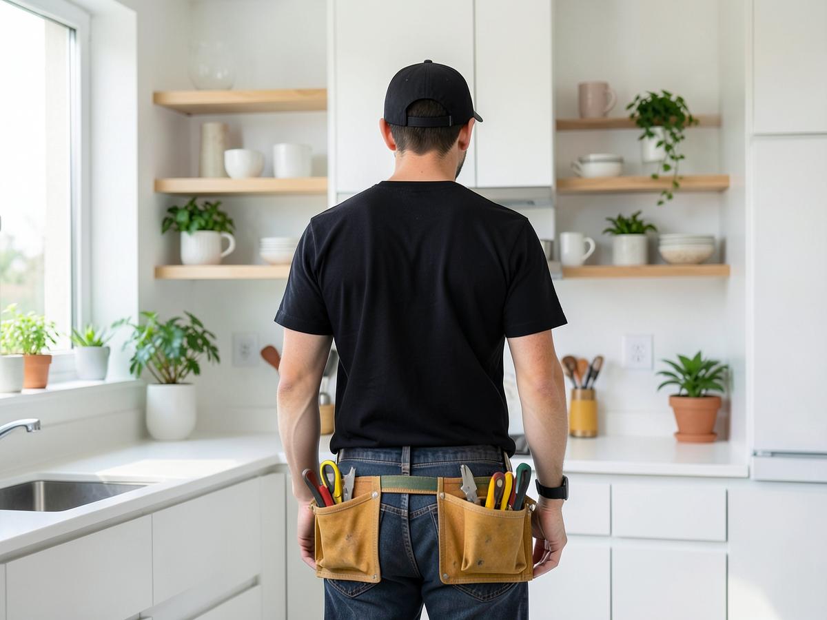 Artisan multiservices avec sa ceinture à outils dans une cuisine
